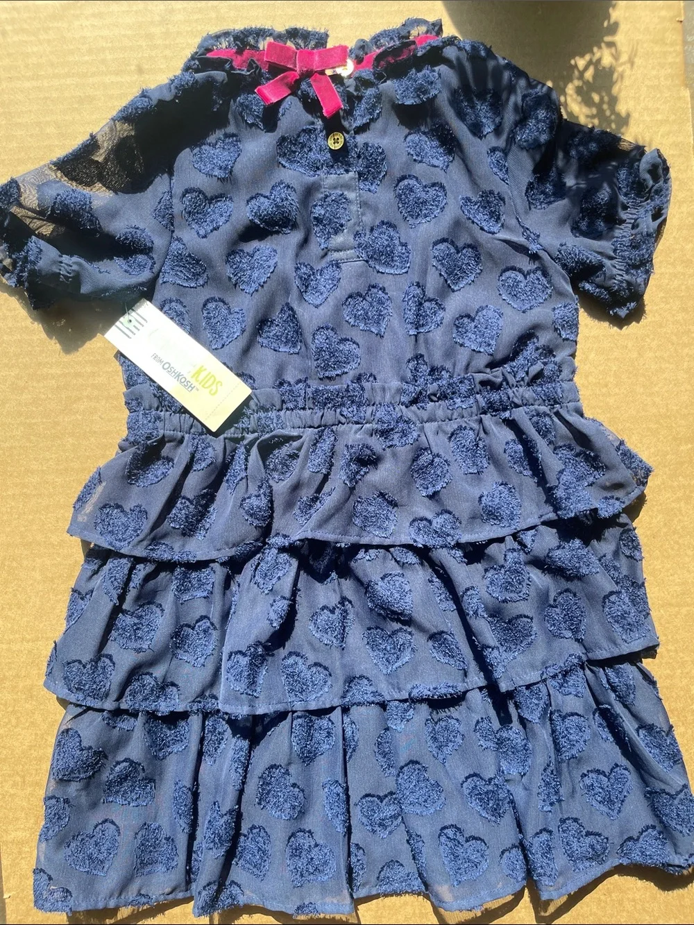 OshKosh  Navy Blue Heart Tiered Ruffle Dress with Pink Trim